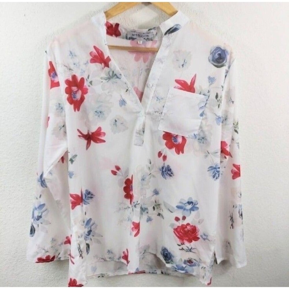 Misslook Womens XXL Blouse Multicolor Floral Long Sleeve Mandarin Collar Pocket